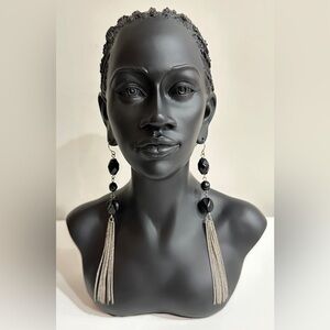 Vintage Black Beaded Dangle Earrings with Silver Tassels – 5 Inches Long